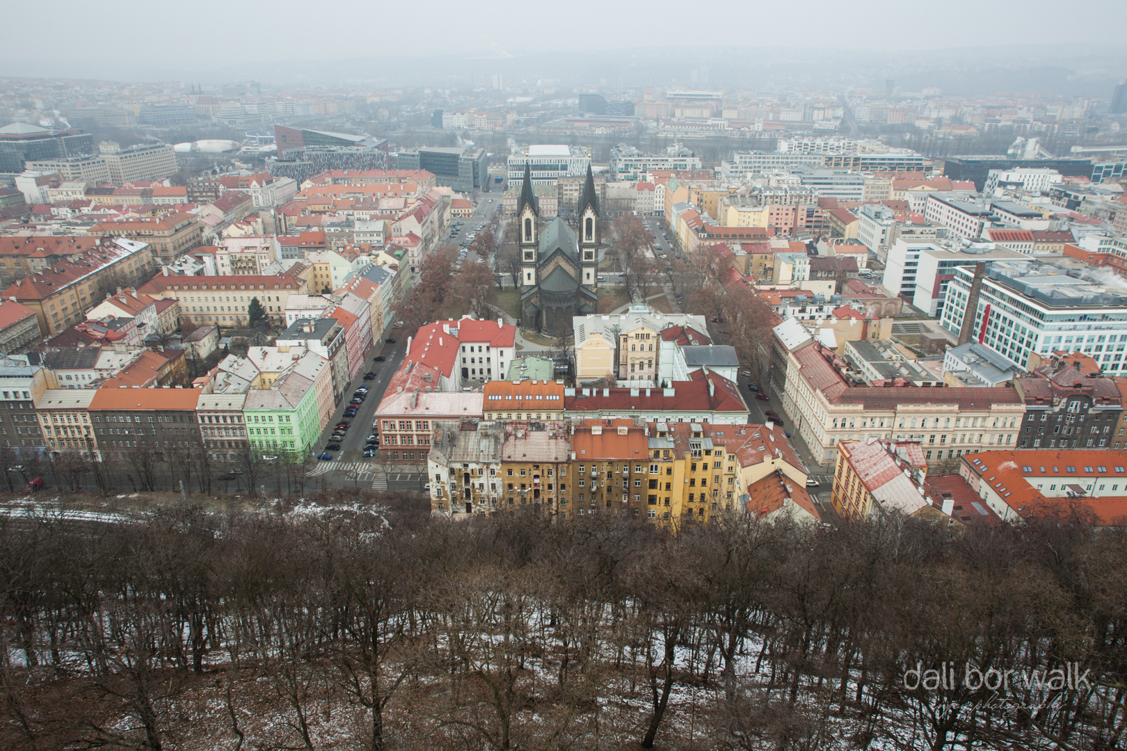 Pohled ze střechy památníku - kostel sv. Cyrila a Metoděje, Karlínské náměstí